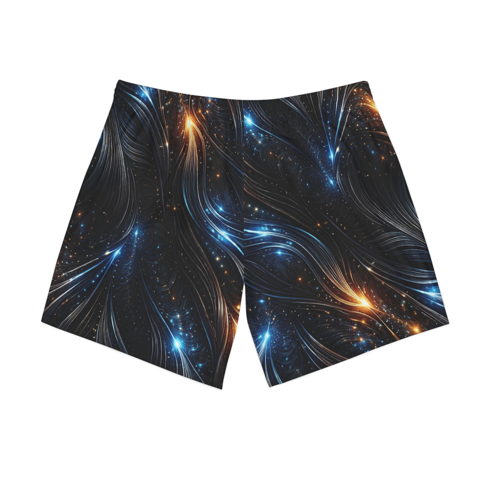 echoflame galaxy flow men's beach shorts — cosmic blue & amber swirl aop echoflame galaxy flow men's beach shorts — cosmic blue & amber swirl aop