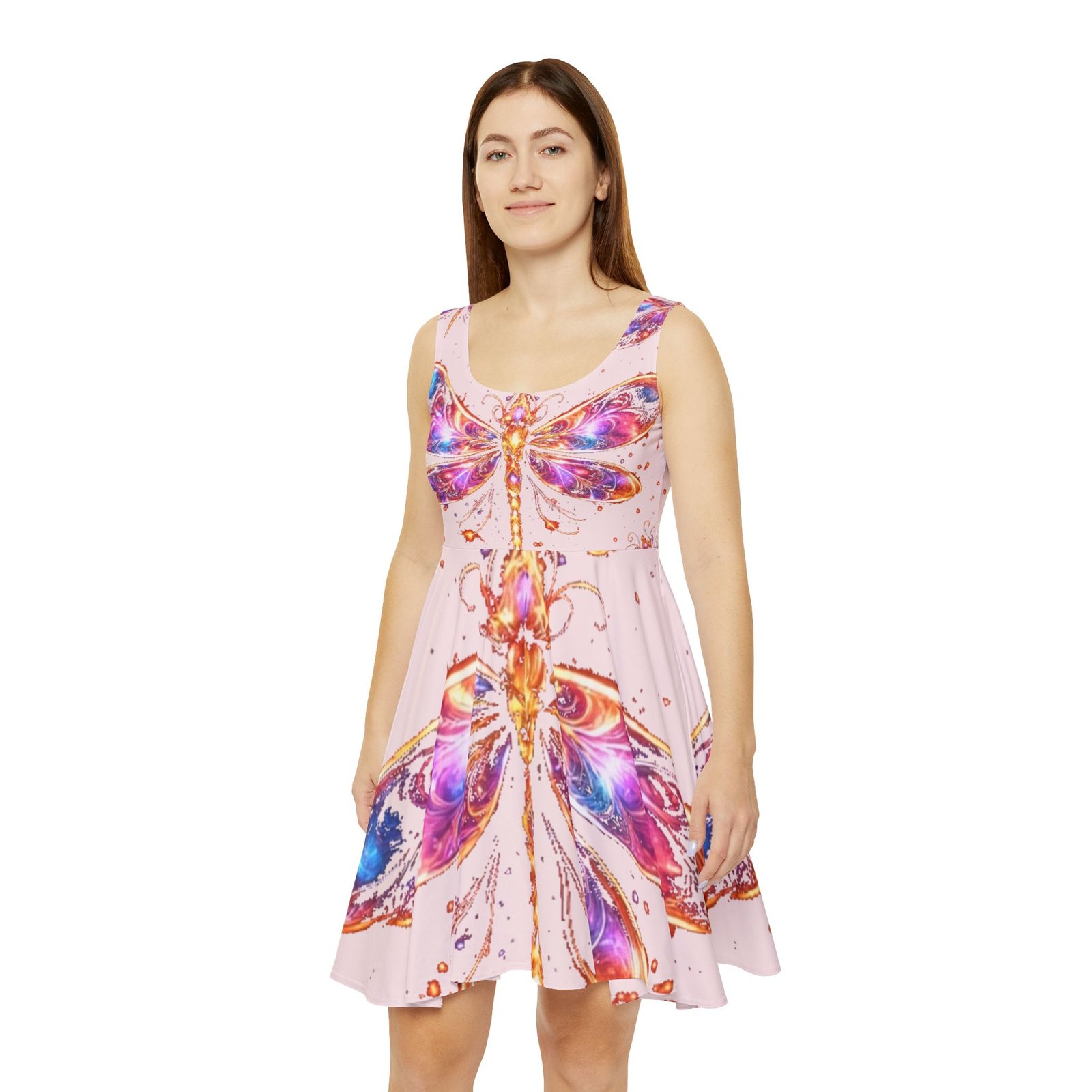 echoflame dragonfly watercolor skater dress — pink floral fantasy aop echoflame dragonfly watercolor skater dress — pink floral fantasy aop