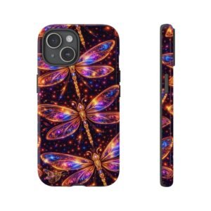 echoflame dragonfly galaxy tough phone case — vivid neon dragonflies protective cover