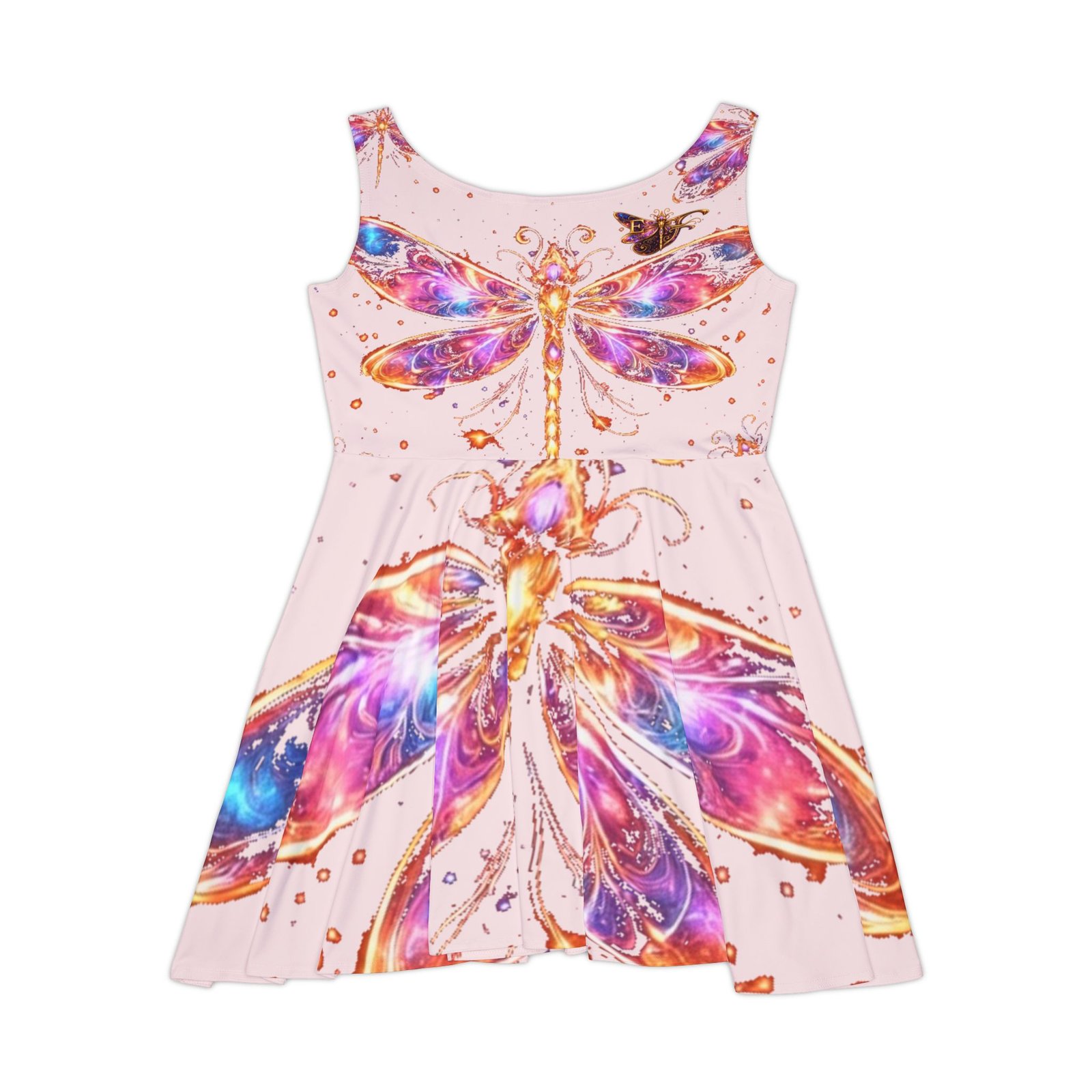 echoflame dragonfly watercolor skater dress — pink floral fantasy aop echoflame dragonfly watercolor skater dress — pink floral fantasy aop