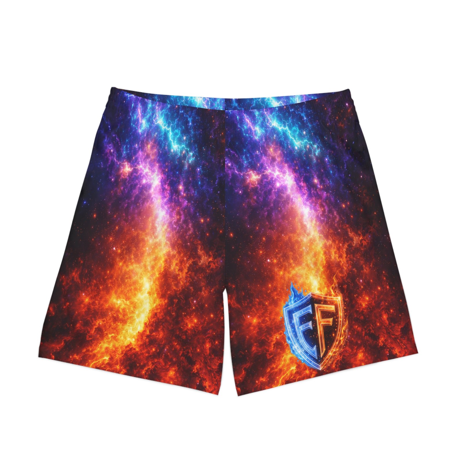 echoflame galaxy flame swim shorts — vibrant nebula beach trunks with ef crest echoflame galaxy flame swim shorts — vibrant nebula beach trunks with ef crest