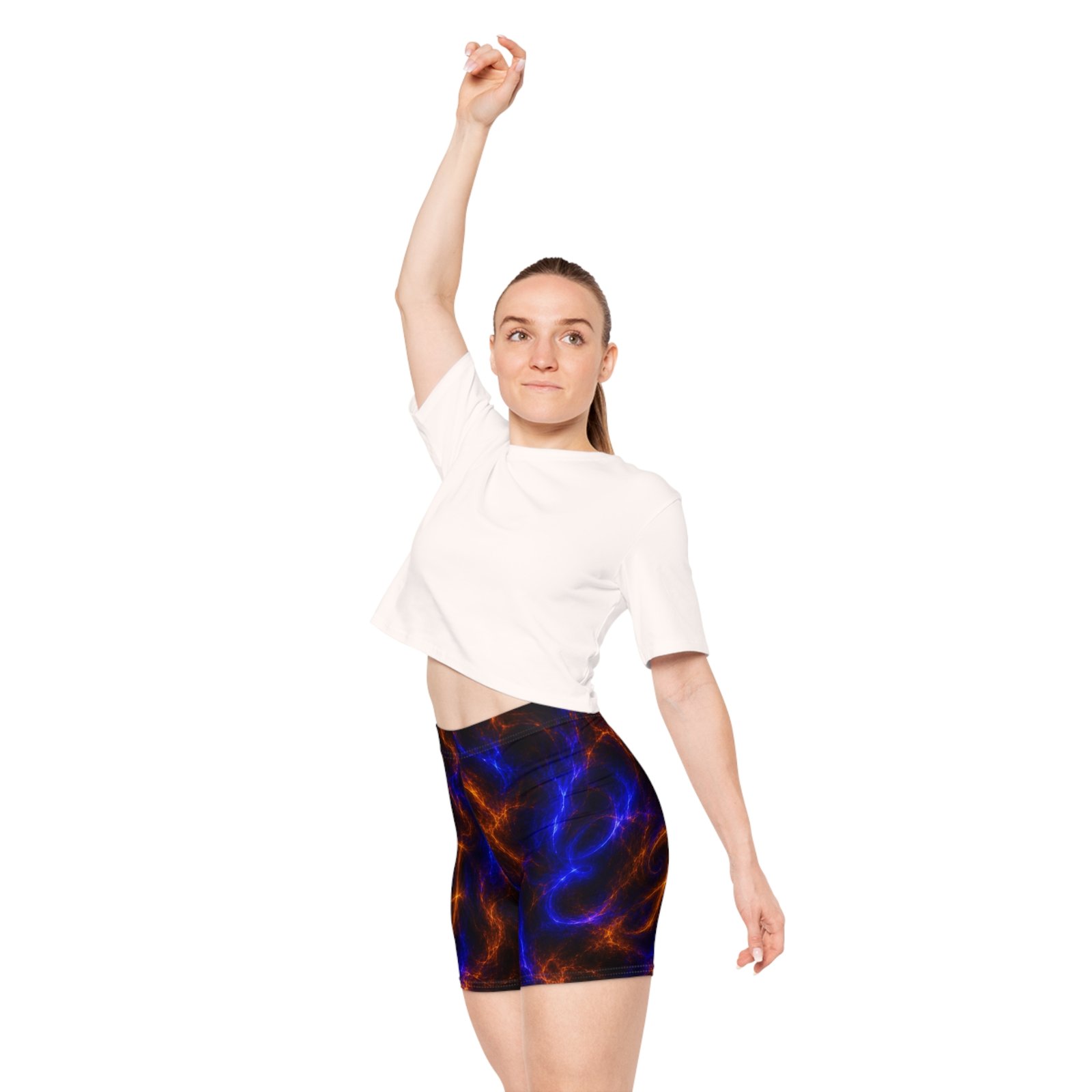 echoflame nebula flame women's biker shorts — blue & orange galaxy print activewear echoflame nebula flame women's biker shorts — blue & orange galaxy print activewear