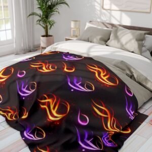 echoflame flame pattern fleece blanket – neon orange & purple fire design
