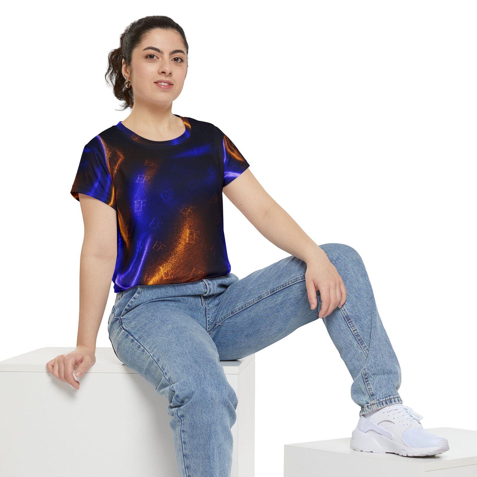 echoflame women's abstract satin glow tee — blue & copper all over print echoflame women's abstract satin glow tee — blue & copper all over print