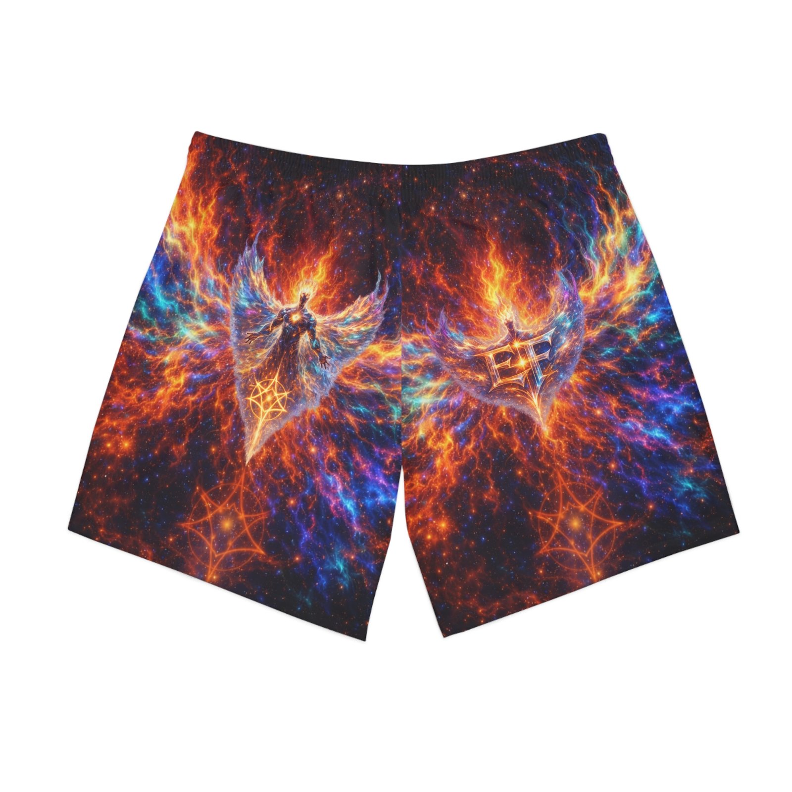 echoflame men's prism phoenix swim shorts — cosmic flame graphic beach trunks echoflame men's prism phoenix swim shorts — cosmic flame graphic beach trunks