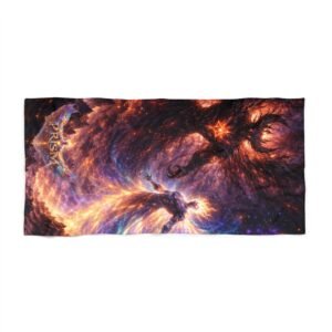 echoflame prism beach towel — fiery galaxy waves design