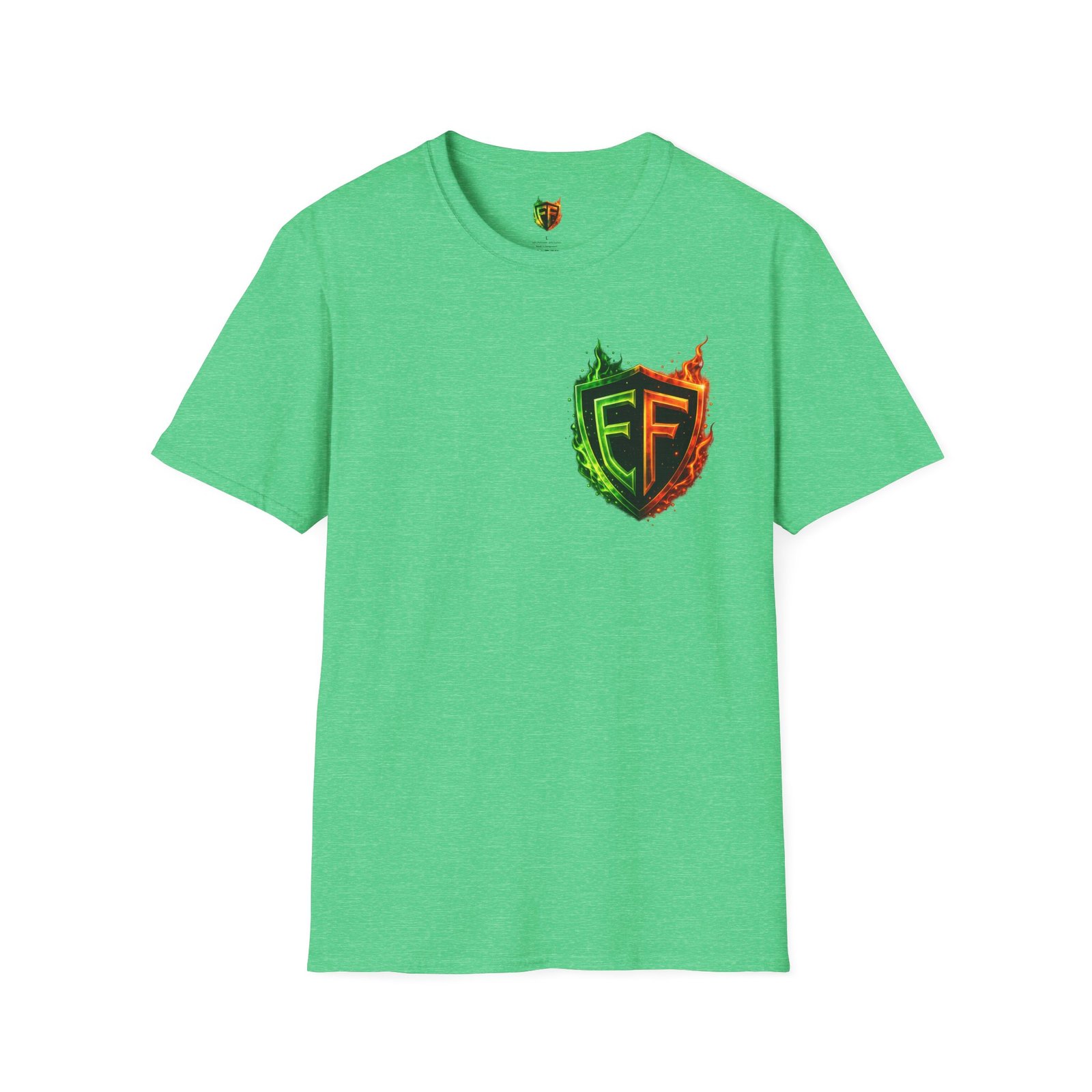 echoflame shield logo t‑shirt — flaming green & orange ef crest echoflame shield logo t‑shirt — flaming green & orange ef crest