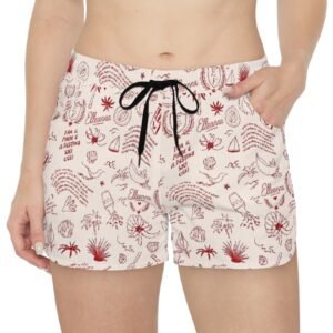 echoflame women’s beach print casual shorts — all over red doodle pattern
