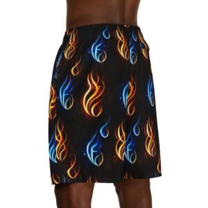 echoflame pattern jogger shorts — blue & orange fire aop