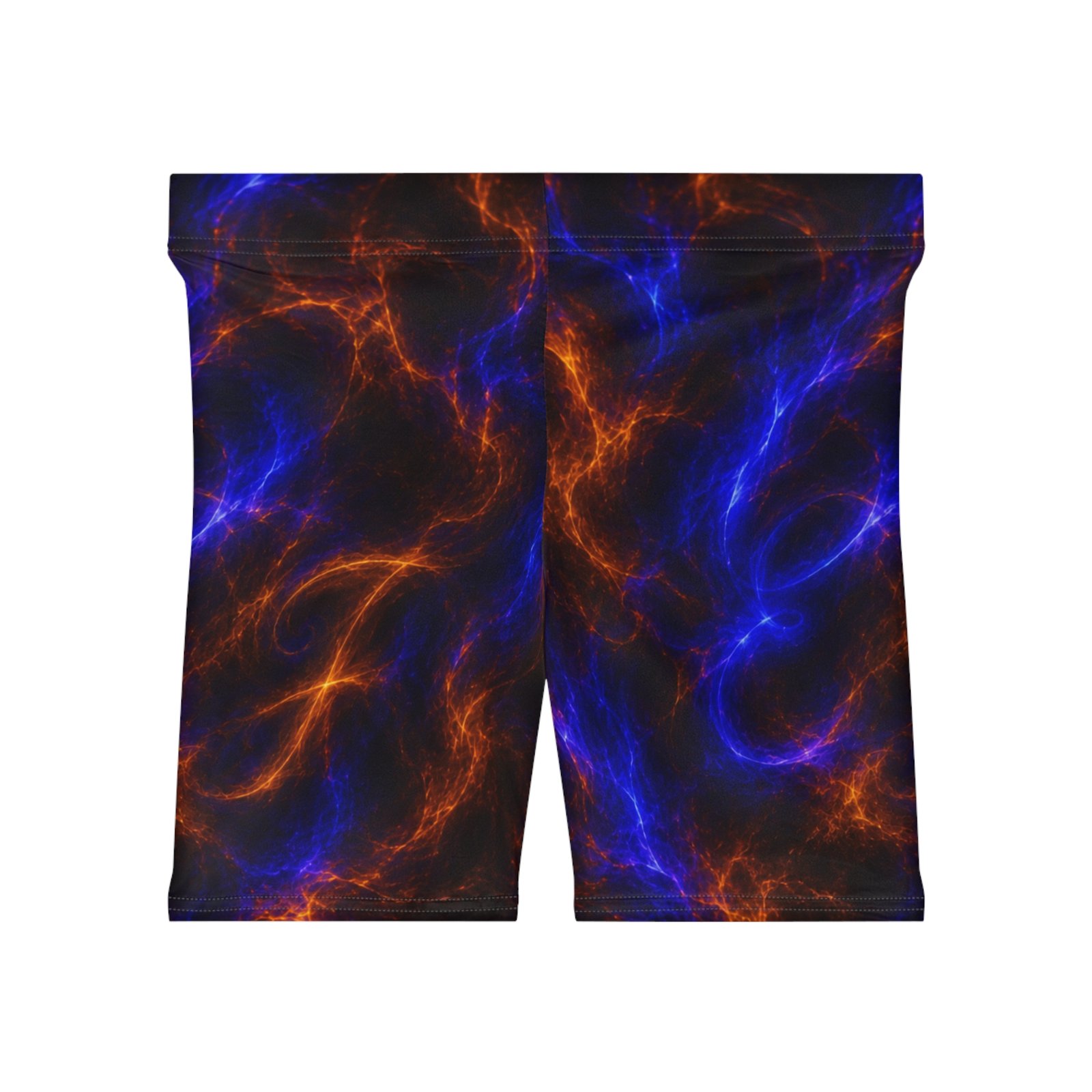 echoflame nebula flame women's biker shorts — blue & orange galaxy print activewear echoflame nebula flame women's biker shorts — blue & orange galaxy print activewear
