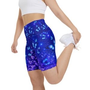 echoflame blue butterfly women's workout shorts — midnight floral activewear