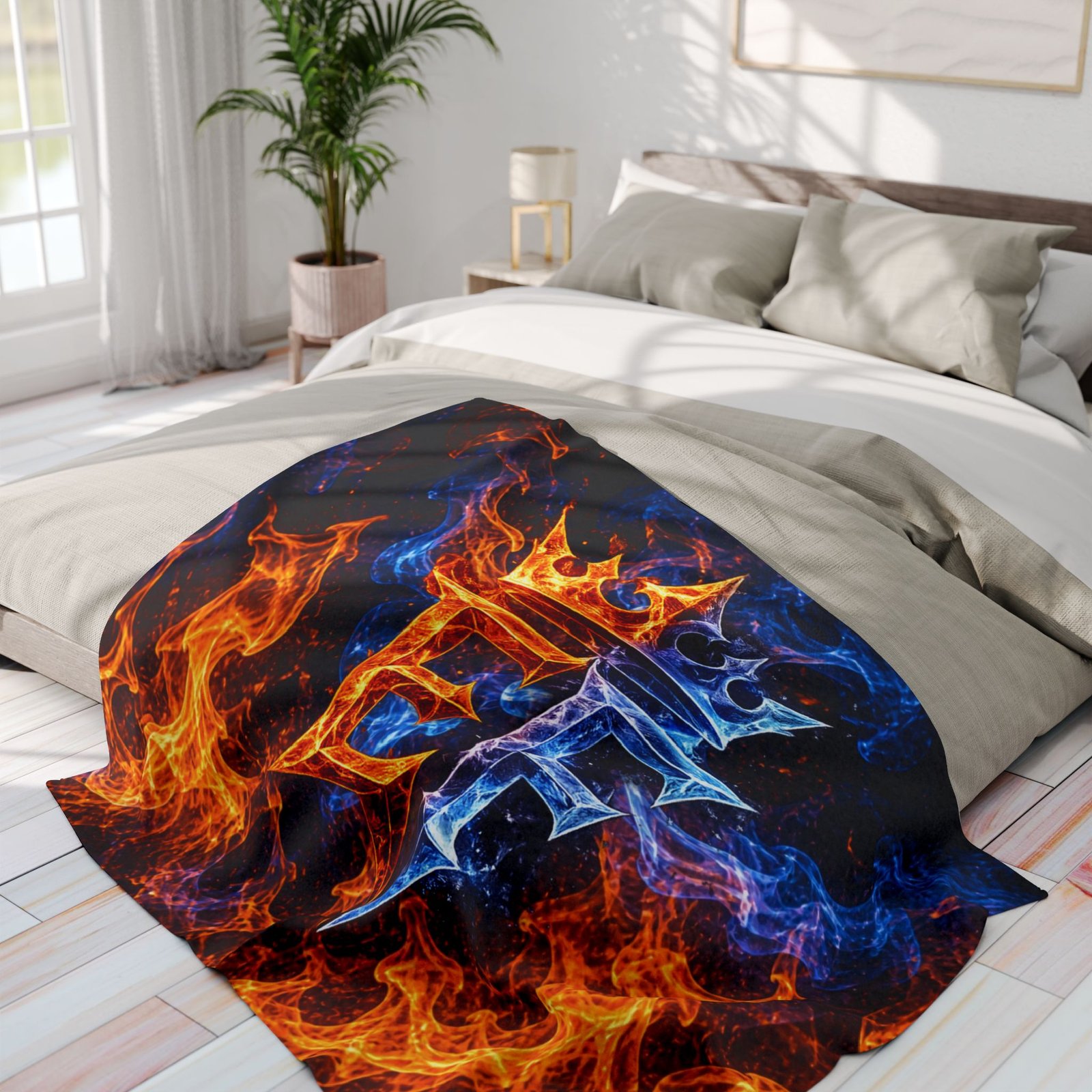 echoflame fire & ice crown fleece blanket — arctic fleece with 'ef' flame design echoflame fire & ice crown fleece blanket — arctic fleece with 'ef' flame design