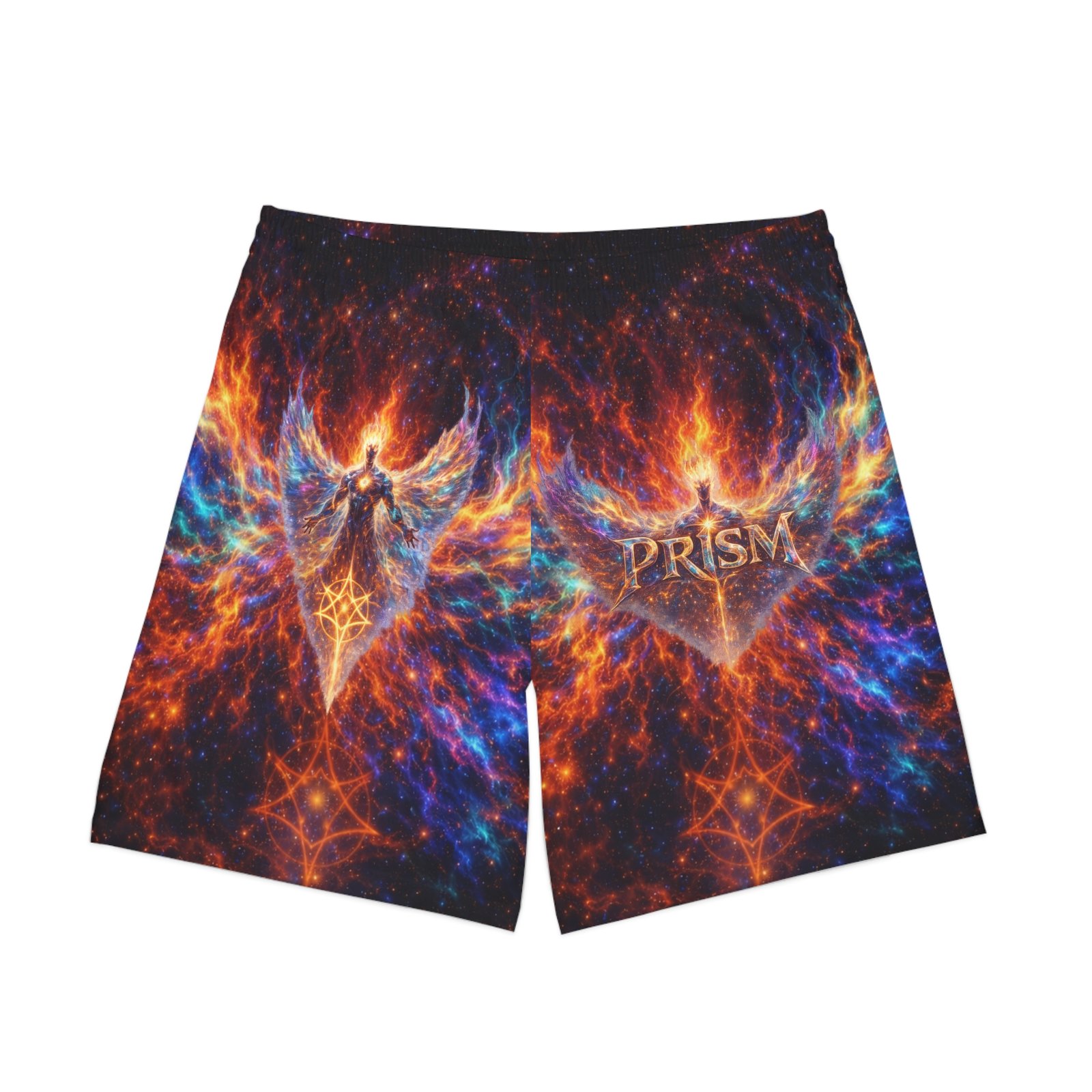 echoflame men's prism phoenix swim shorts — cosmic flame graphic beach trunks echoflame men's prism phoenix swim shorts — cosmic flame graphic beach trunks