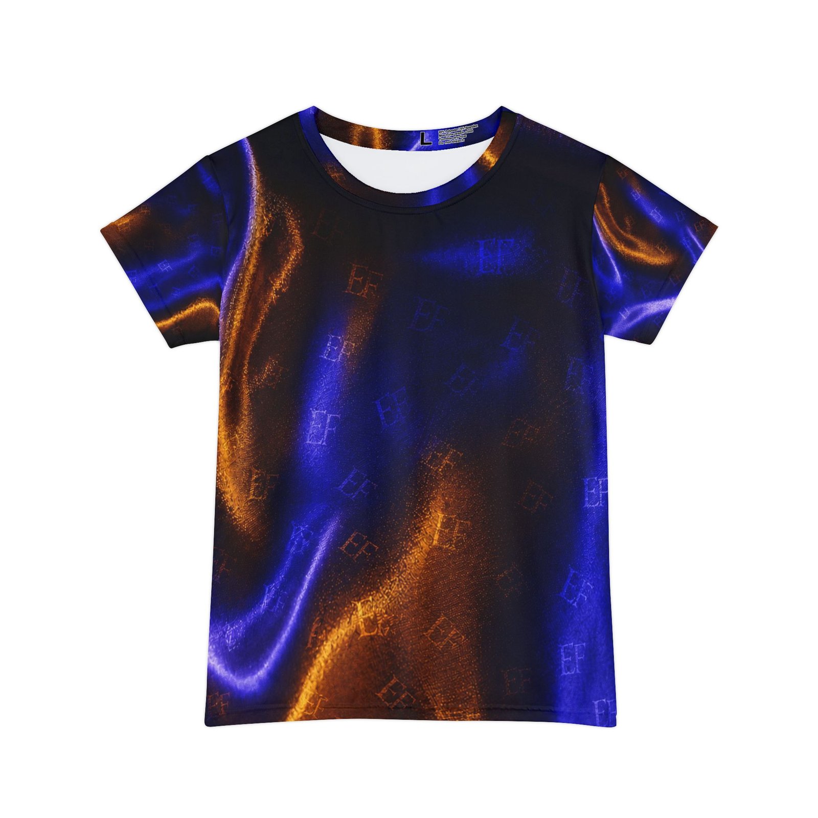 echoflame women's abstract satin glow tee — blue & copper all over print echoflame women's abstract satin glow tee — blue & copper all over print