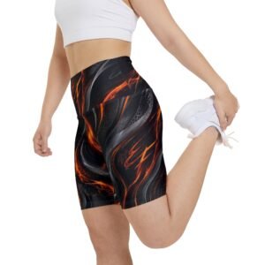 echoflame flame wave women's workout shorts — black & orange aop activewear