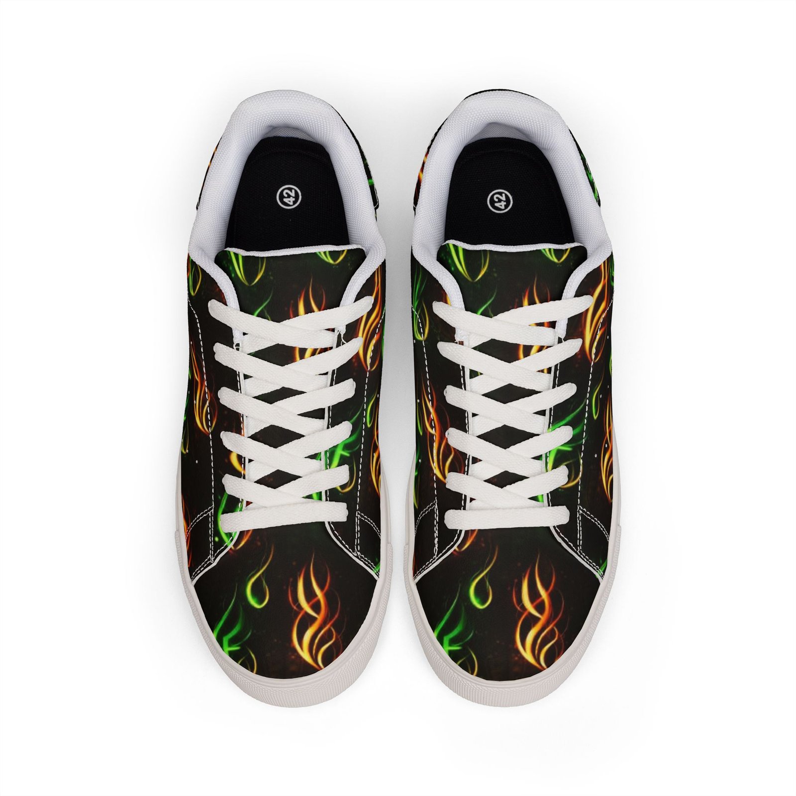 echoflame low top sneakers — neon flame graphic leather shoes for men echoflame low top sneakers — neon flame graphic leather shoes for men