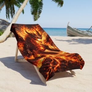 echoflame flaming dragon beach towel — fiery mythical creature print for summer & pool