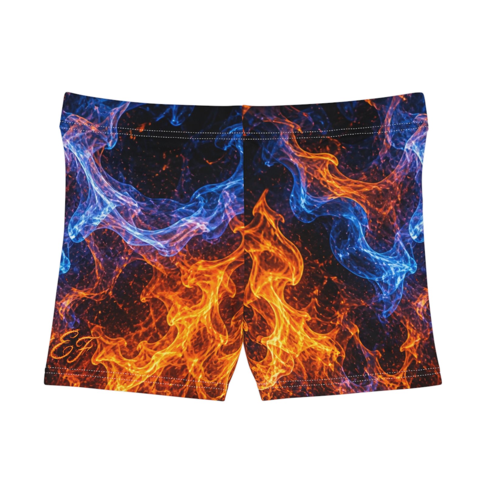 echoflame flame fusion women's shorts — blue & orange fire print aop echoflame flame fusion women's shorts — blue & orange fire print aop