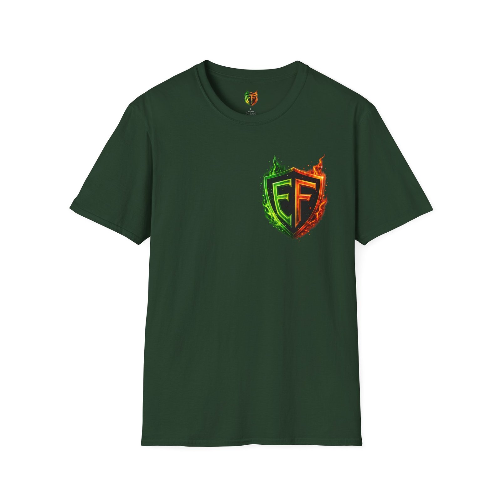 echoflame shield logo t‑shirt — flaming green & orange ef crest echoflame shield logo t‑shirt — flaming green & orange ef crest