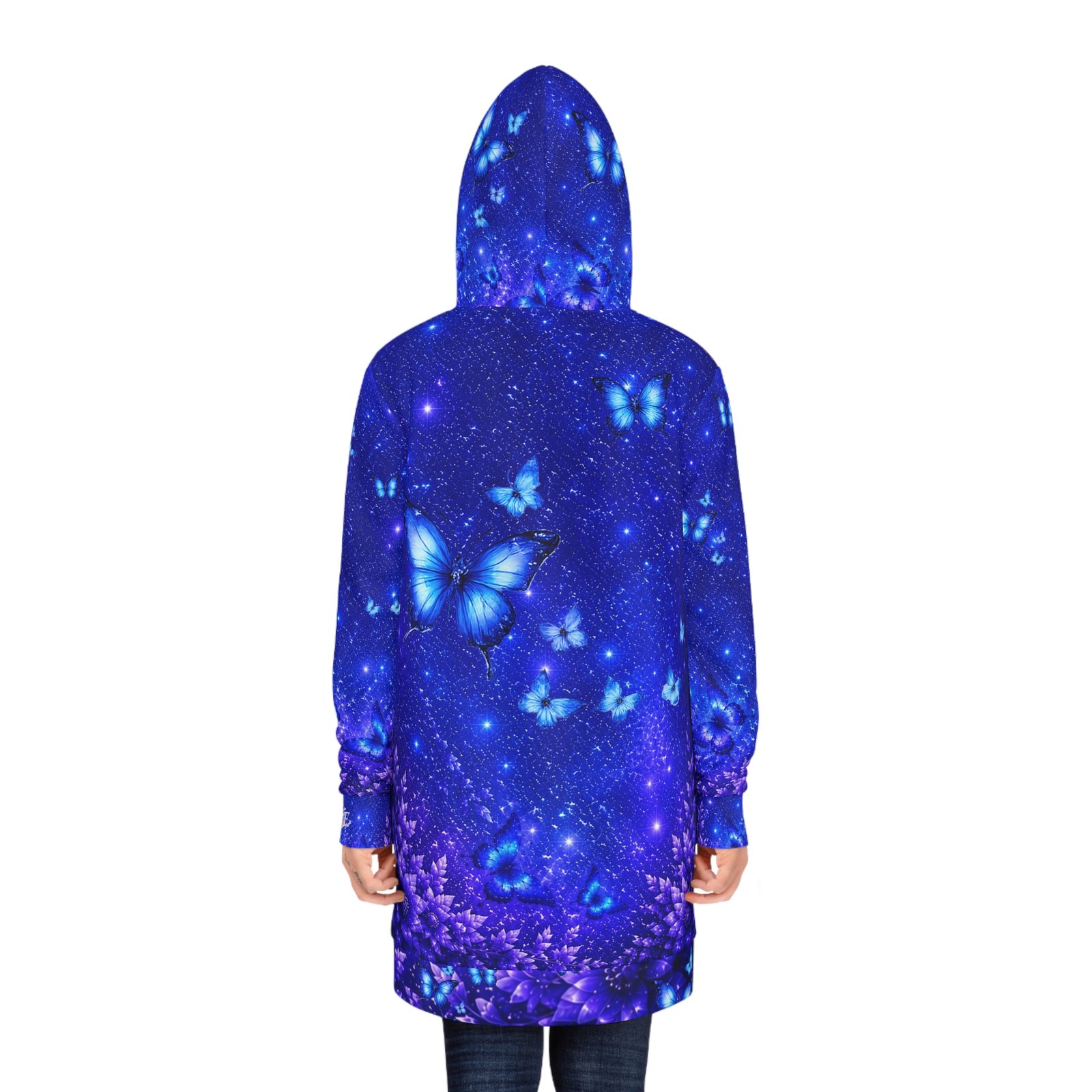 echoflame blue butterfly galaxy hoodie dress — women's all over print cozy dress echoflame blue butterfly galaxy hoodie dress — women's all over print cozy dress