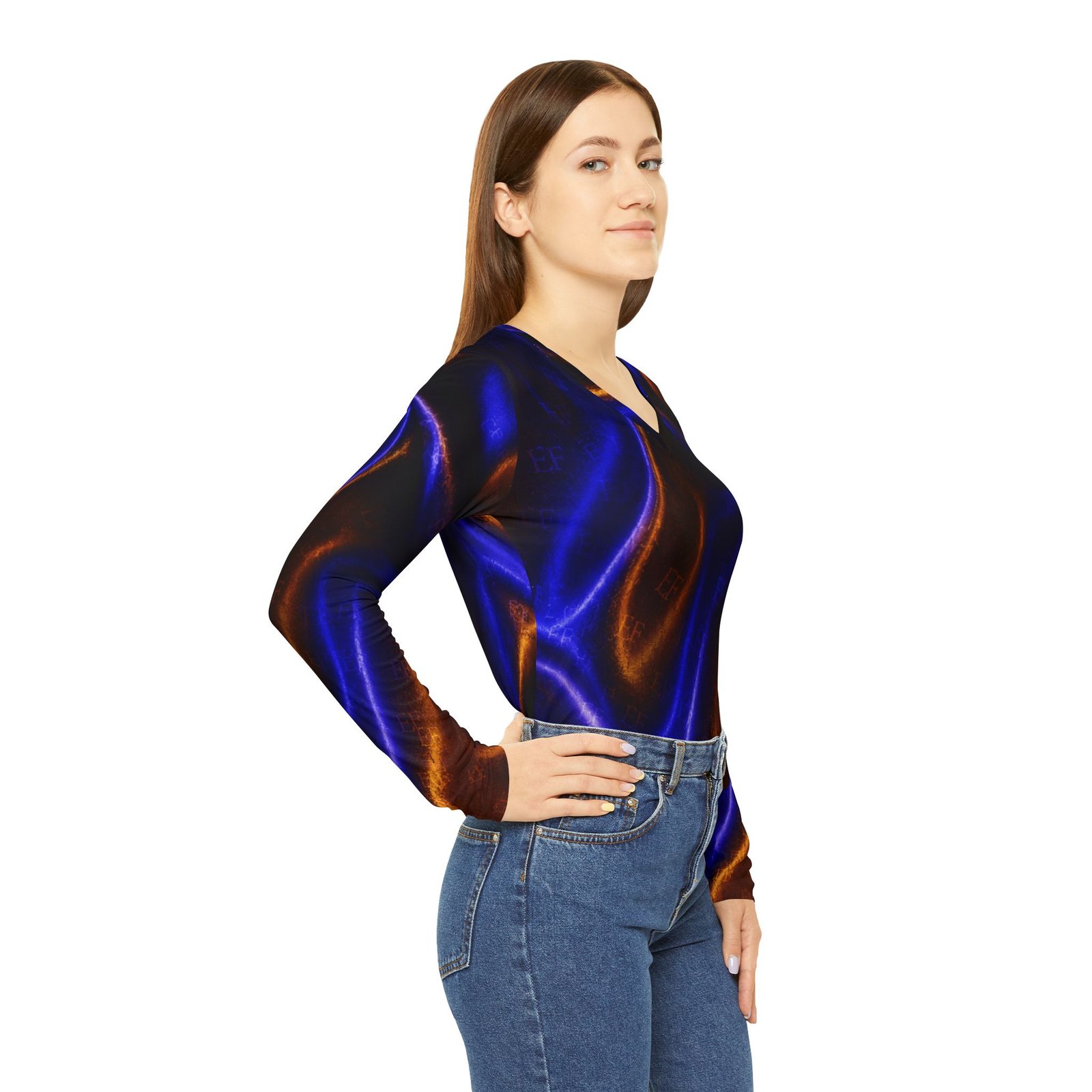echoflame women's v neck long sleeve shirt — electric blue & copper satin wave all over print echoflame women's v neck long sleeve shirt — electric blue & copper satin wave all over print