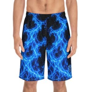 echoflame blue flame all over print men's board shorts — neon wave swim trunks