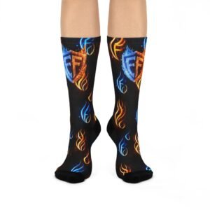 echoflame flaming neon shield cushioned crew socks — bold fire & blue flame pattern