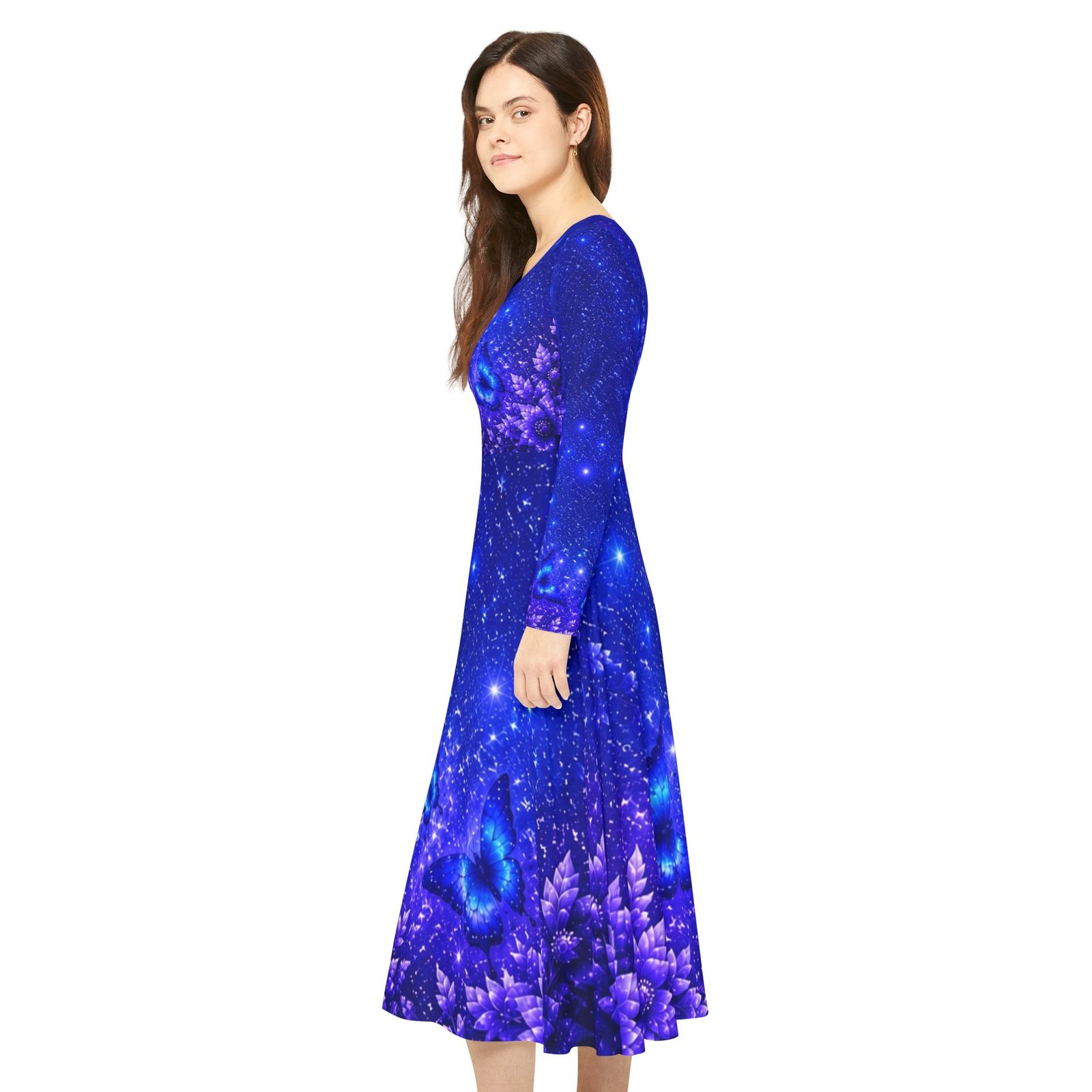 echoflame butterfly galaxy floral long sleeve dance dress — blue cosmic blossom aop echoflame butterfly galaxy floral long sleeve dance dress — blue cosmic blossom aop