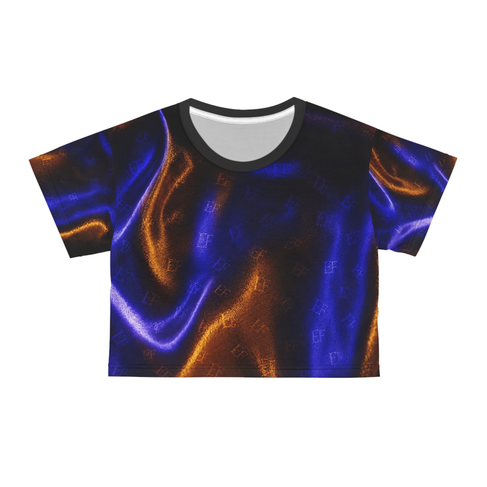 echoflame satin glow crop tee — iridescent blue & orange all over print echoflame satin glow crop tee — iridescent blue & orange all over print