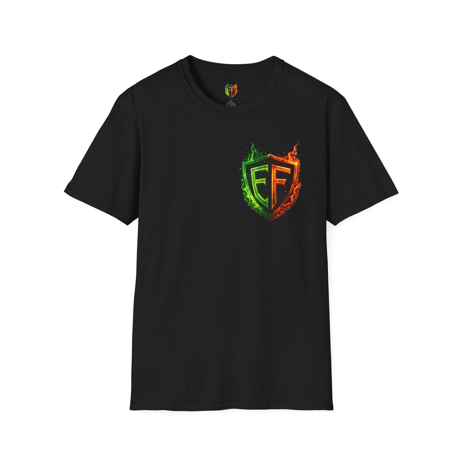 echoflame shield logo t‑shirt — flaming green & orange ef crest echoflame shield logo t‑shirt — flaming green & orange ef crest