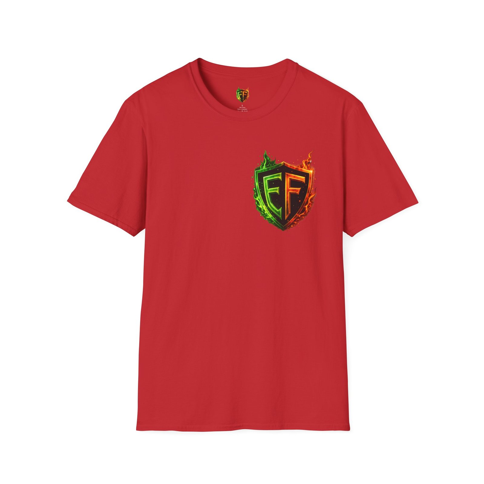 echoflame shield logo t‑shirt — flaming green & orange ef crest echoflame shield logo t‑shirt — flaming green & orange ef crest