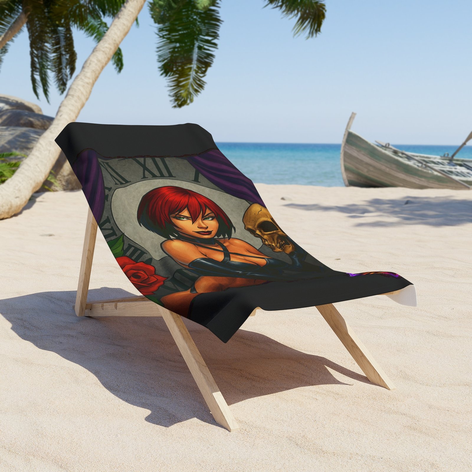 echoflame gothic pinup beach towel – red haired vampire girl with skull & clock design echoflame gothic pinup beach towel – red haired vampire girl with skull & clock design