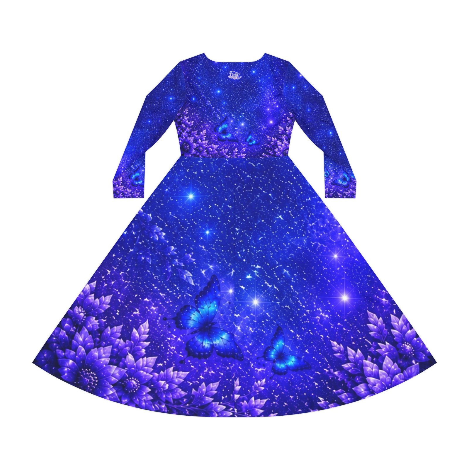 echoflame butterfly galaxy floral long sleeve dance dress — blue cosmic blossom aop echoflame butterfly galaxy floral long sleeve dance dress — blue cosmic blossom aop