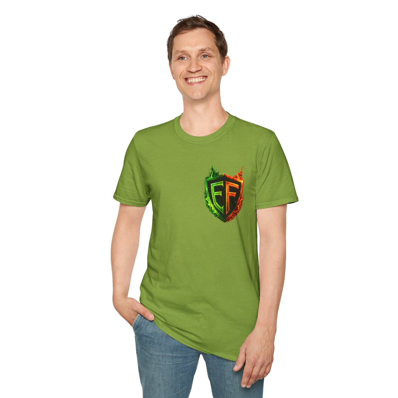 echoflame shield logo t‑shirt — flaming green & orange ef crest echoflame shield logo t‑shirt — flaming green & orange ef crest