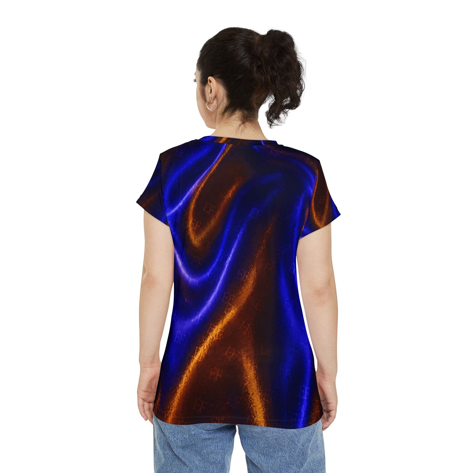 echoflame women's short sleeve shirt metallic blue & copper satin wave all over print echoflame women's short sleeve shirt metallic blue & copper satin wave all over print