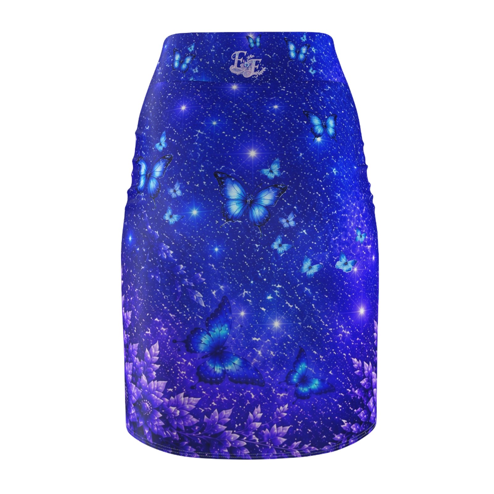 echoflame blue butterfly floral pencil skirt — women's magical night garden print echoflame blue butterfly floral pencil skirt — women's magical night garden print