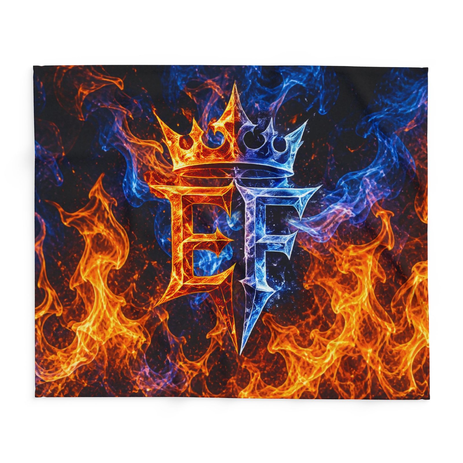 echoflame fire & ice crown fleece blanket — arctic fleece with 'ef' flame design echoflame fire & ice crown fleece blanket — arctic fleece with 'ef' flame design