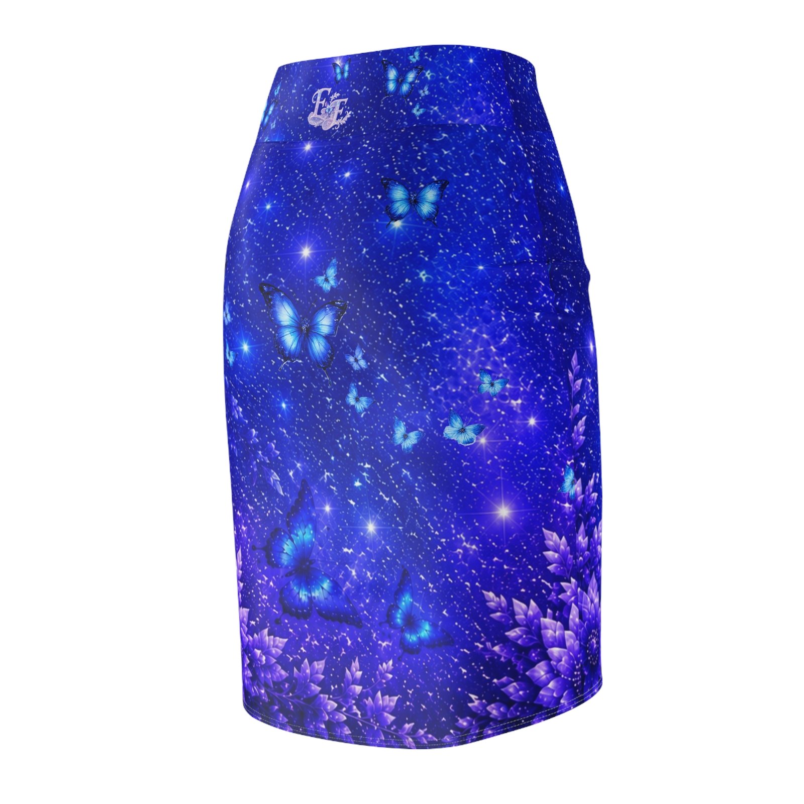 echoflame blue butterfly floral pencil skirt — women's magical night garden print echoflame blue butterfly floral pencil skirt — women's magical night garden print
