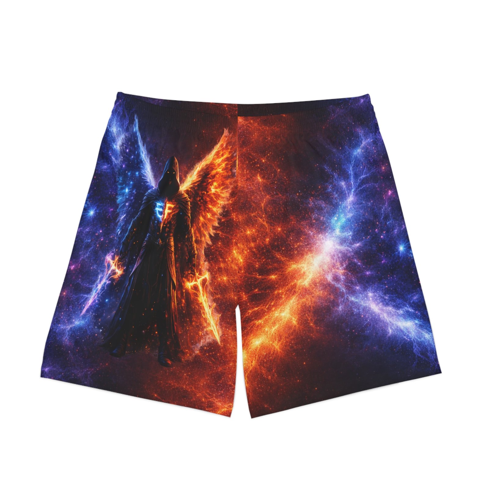 echoflame cosmic angel beach shorts — galactic phoenix wings swim trunks echoflame cosmic angel beach shorts — galactic phoenix wings swim trunks