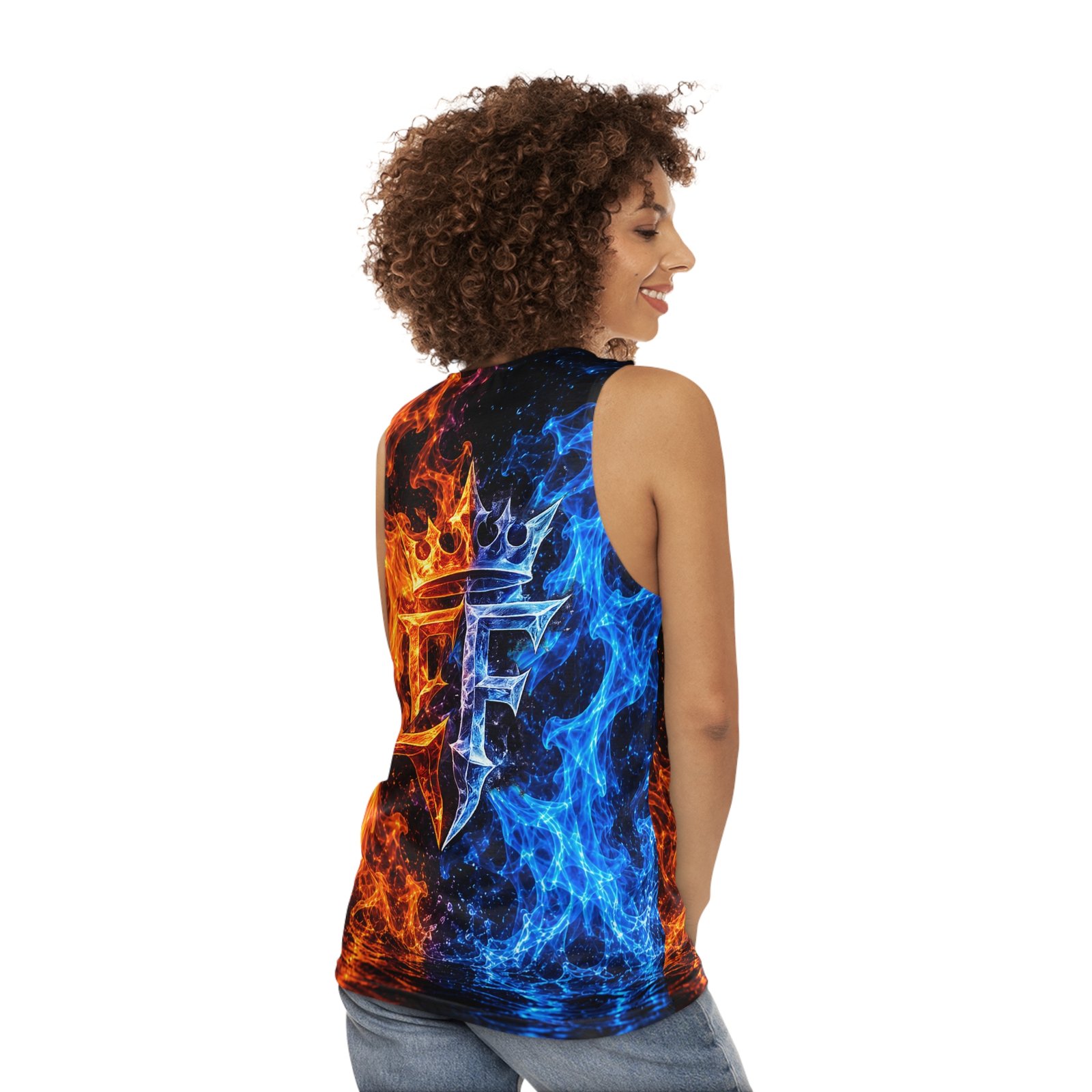 echoflame fire and ice all over print tank top — blue & orange flame graphic echoflame fire and ice all over print tank top — blue & orange flame graphic