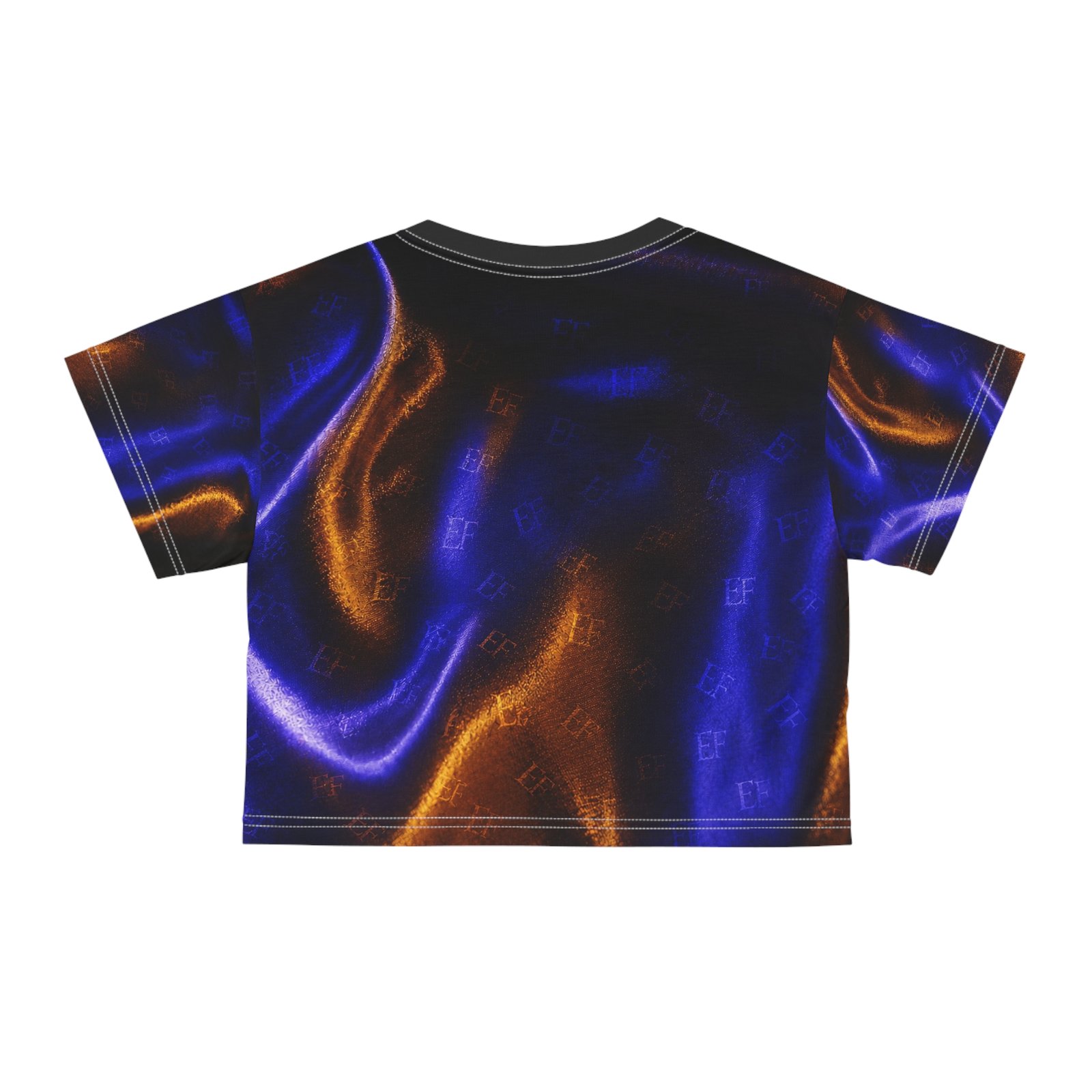 echoflame satin glow crop tee — iridescent blue & orange all over print echoflame satin glow crop tee — iridescent blue & orange all over print