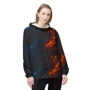 echoflame cosmic flame windbreaker jacket – blue & orange nebula all over print