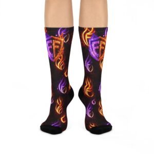 echoflame flaming emblem crew socks — colorful purple & orange fire pattern cushioned socks