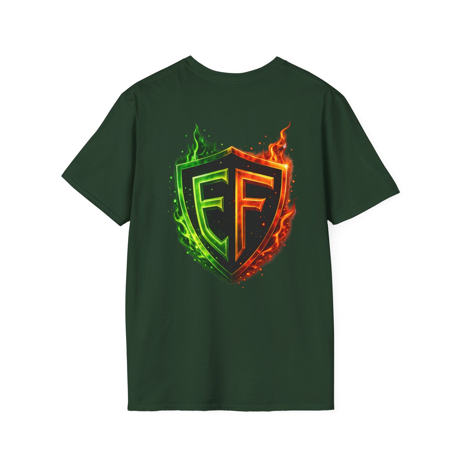 echoflame shield logo t‑shirt — flaming green & orange ef crest echoflame shield logo t‑shirt — flaming green & orange ef crest