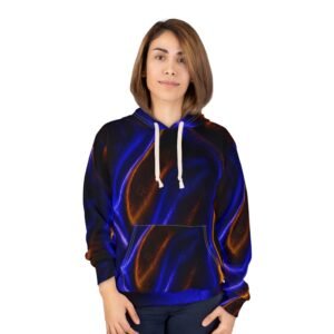 echoflame satin glow hoodie — blue & copper abstract all over print