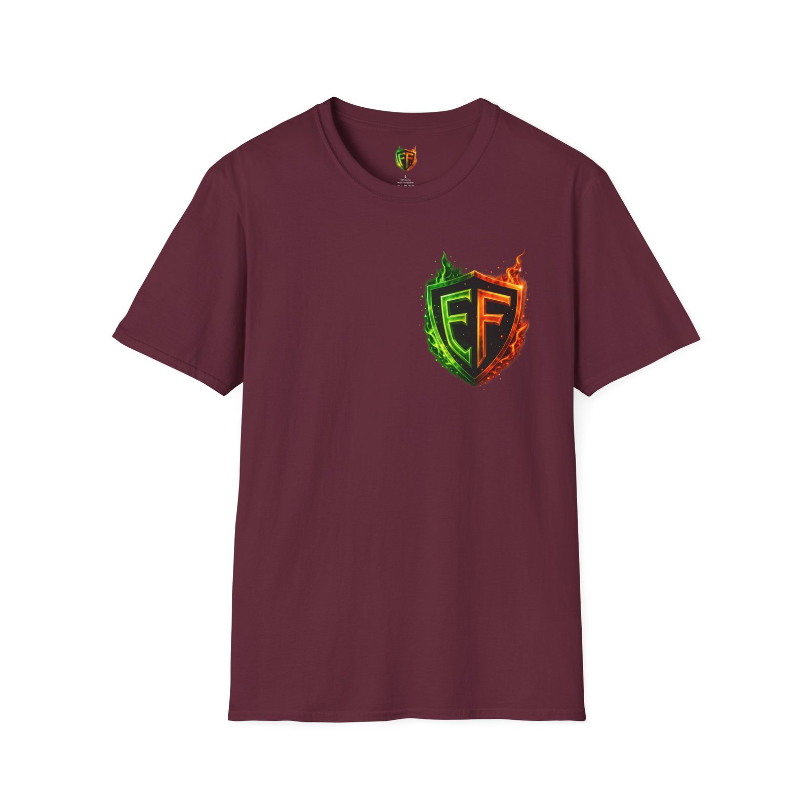 echoflame shield logo t‑shirt — flaming green & orange ef crest echoflame shield logo t‑shirt — flaming green & orange ef crest