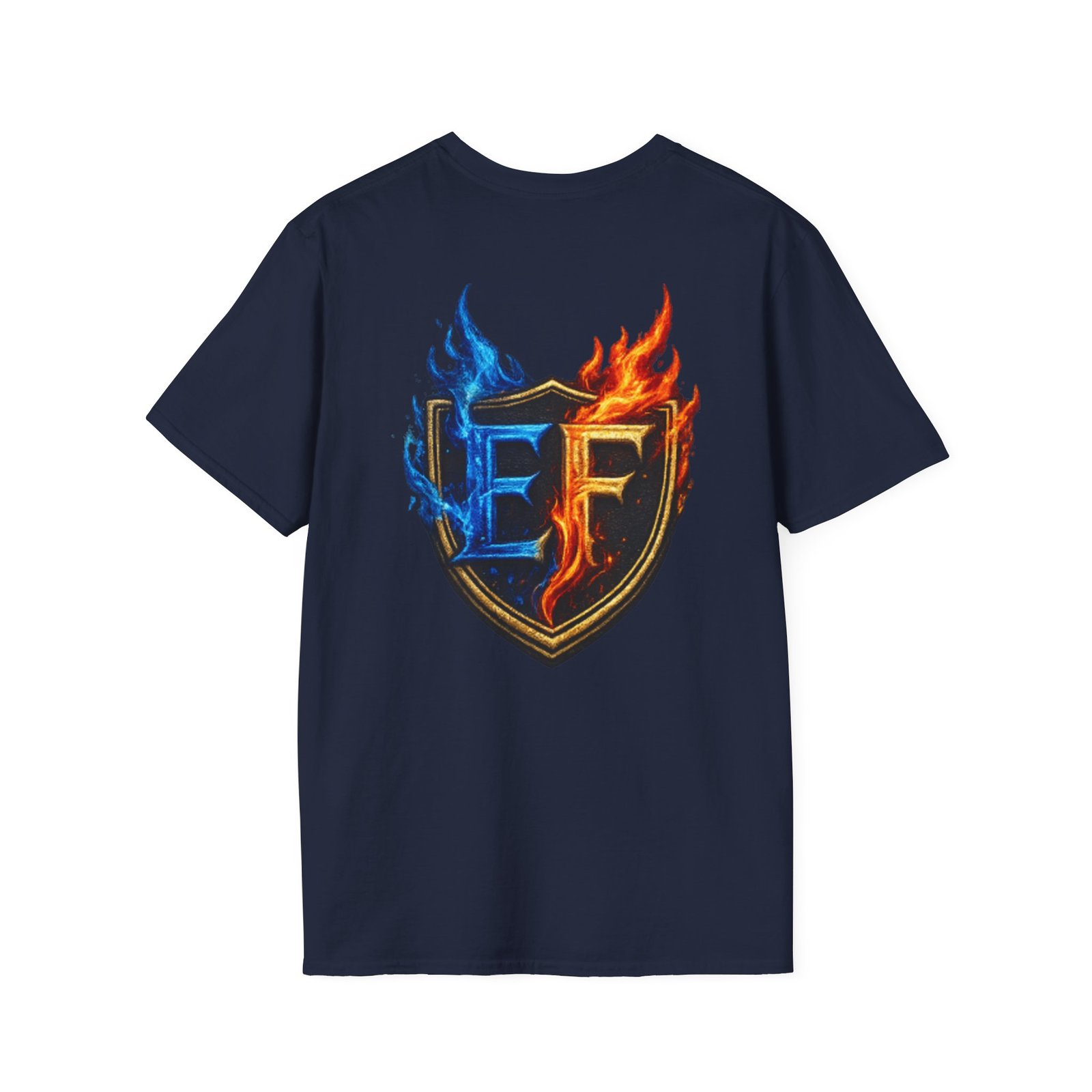 echoflame shield crest t shirt — ef flame logo (blue & red) echoflame shield crest t shirt — ef flame logo (blue & red)