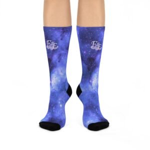 echoflame galaxy crew socks — blue nebula cushioned socks with 'ee' monogram