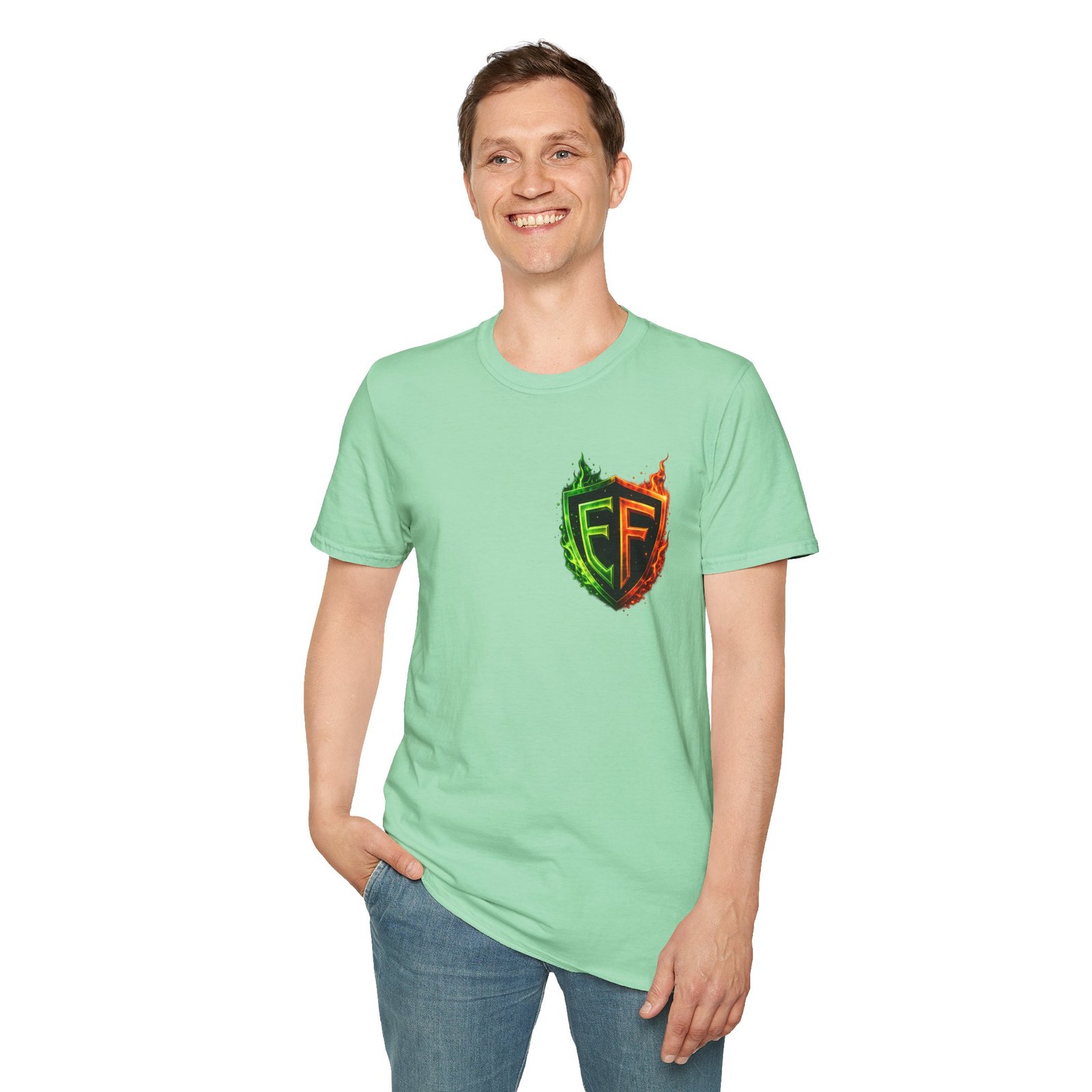 echoflame shield logo t‑shirt — flaming green & orange ef crest echoflame shield logo t‑shirt — flaming green & orange ef crest