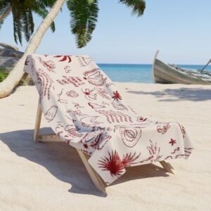 echoflame nautical sketch beach towel — red vintage seaside pattern